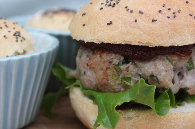 Squork burger with tomato and chilli jam